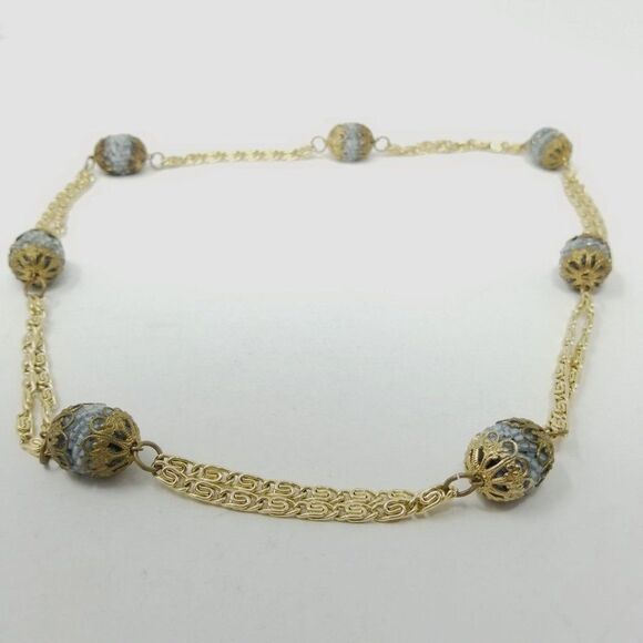 Vintage Retro Gold Tone Chain with Blue Beaded Beads, Unusual Design, Estate - Picture 1 of 3
